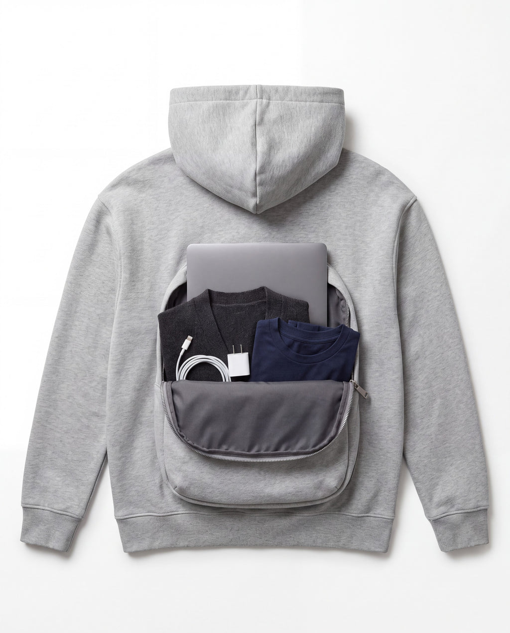 PackHoodie flat lay with laptop, clothes and charger packed in the back pouch