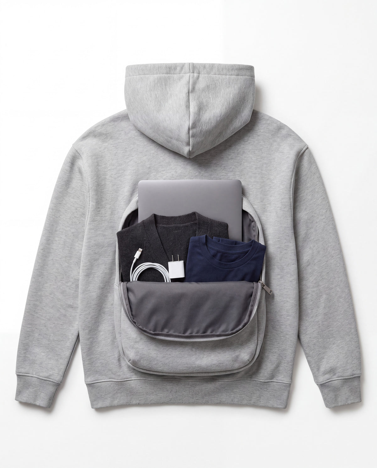 PackHoodie flat lay with laptop, clothes and charger packed in the back pouch