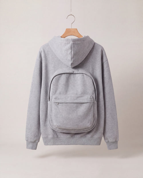 PackHoodie in Gray, back view with built-in backpack pouch